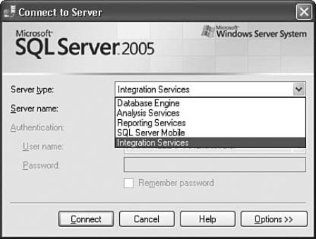 Figure 16-46: Integration Services in the Object Explorer window of SQL Server Management Studio.