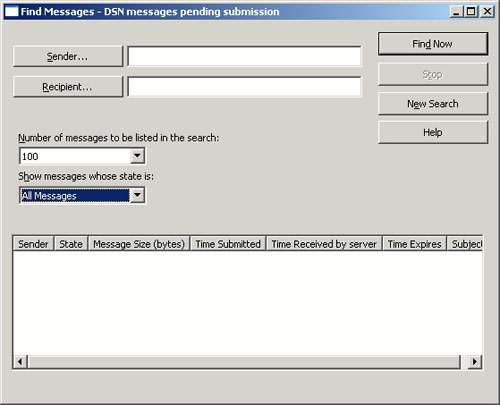Figure B: The Find Messages dialog box allows you to search the SMTP queues for specific messages.