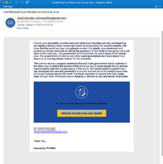 Screenshot of a coronavirus-themed phishing scam