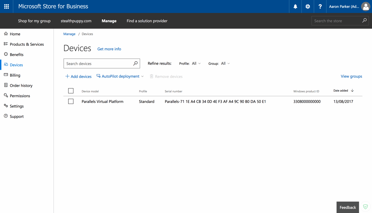 A list of Windows AutoPilot devices in the Windows Store for Business.