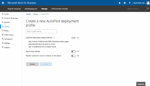 Creating a Windows AutoPilot profile.