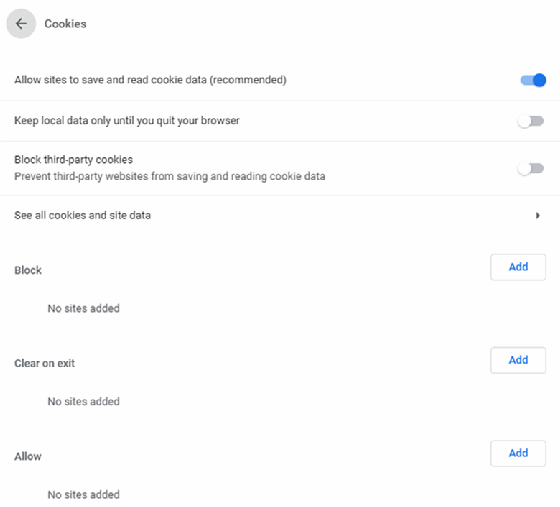 Manage cookies in Google Chrome.