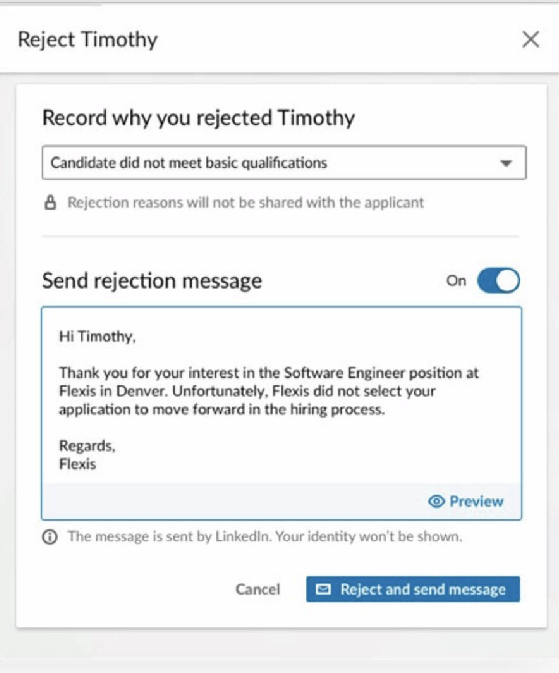 LinkedIn candidate reject feature interface 