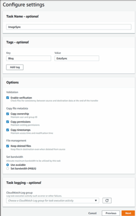 DataSync task options