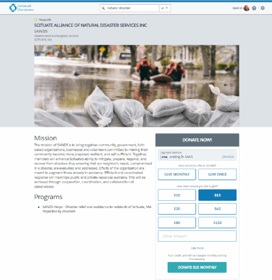 Screenshot of donation page within Salesforce.org Philanthropy Cloud