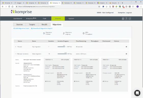 Komprise NAS migration user interface