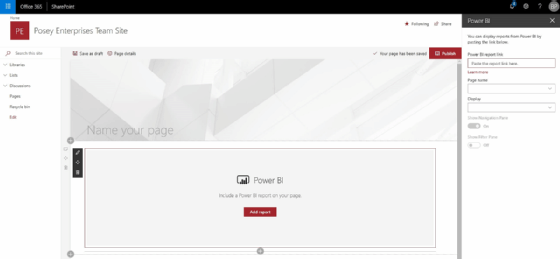 SharePoint Online screenshot for embedding a report in a site page
