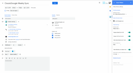 Screenshot of Webex G Suite add-on