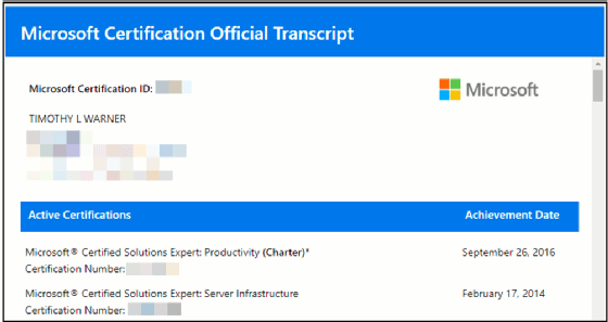 Active certifications on a transcript