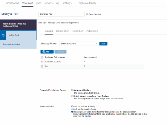Screenshot of Arcserve UDP 7's Office 365 Exchange Online support