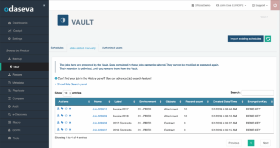 Screenshot of Odaseva Vault's dashboard