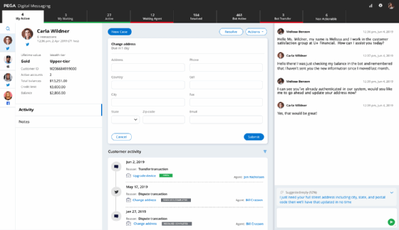 Screenshot of a messaging transaction inside Pega Customer Service