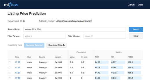 MLflow's tracking user interface