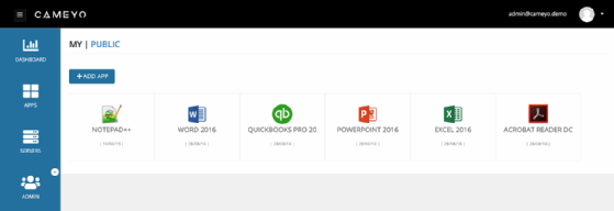 A screenshot from Cameyo's interface shows a sample of applications that can be opened using Cameyo.