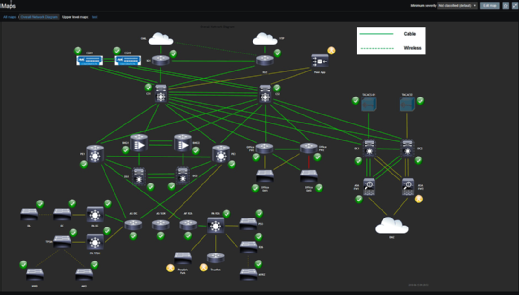 Map drawing the connections between machines, servers and a cloud service that Zabbix forms.
