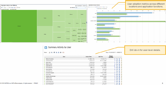 Screenshots provided by Knoa showcase how an organization can monitor users' experience within applications.