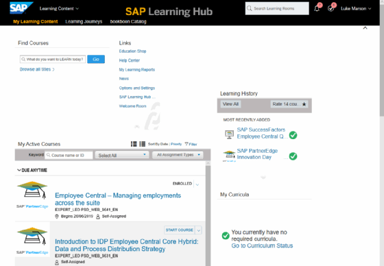 A screen capture of the SAP Learning Hub.