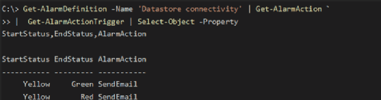 Get-AlarmActionTrigger cmdlet output