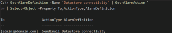 Get-AlarmAction cmdlet output