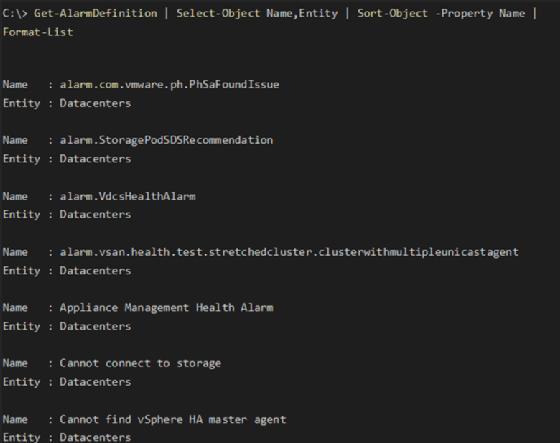 Get-AlarmDefinition cmdlet output