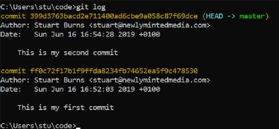 Git log command displays commits
