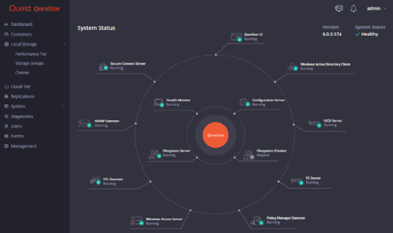 Screenshot of QoreStor system status dashboard