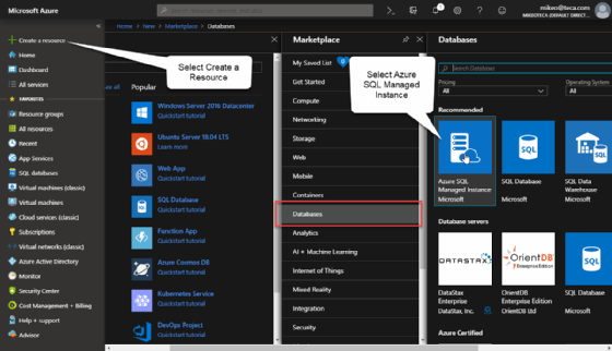 Azure portal screen for creating an Azure SQL Database managed instance