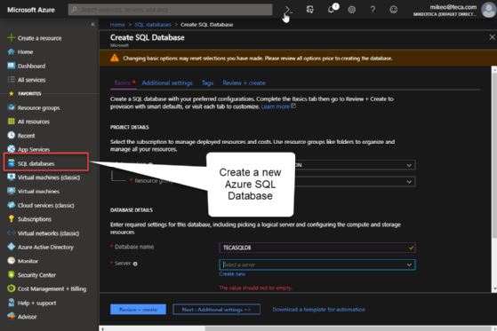 Azure portal screen for creating a database in Azure SQL Database