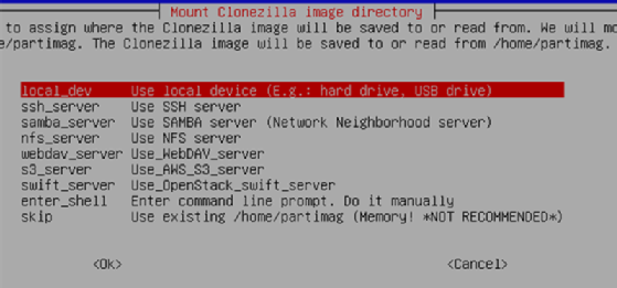 Destination selection in Clonezilla