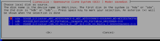 Disk selection in Clonezilla
