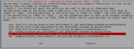 Media destination selection in Clonezilla