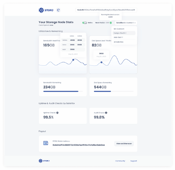 Screenshot of Storj storage node operator dashboard