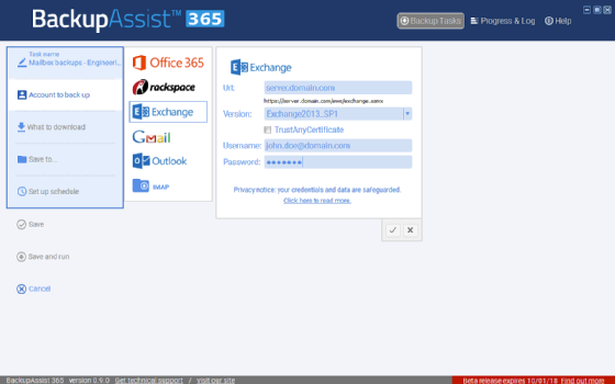 Screenshot of BackupAssist 365's Exchange interface