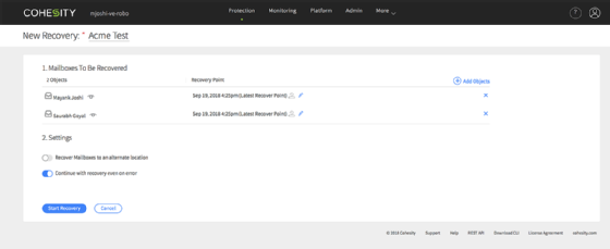 Screenshot of Cohesity's mailbox recovery