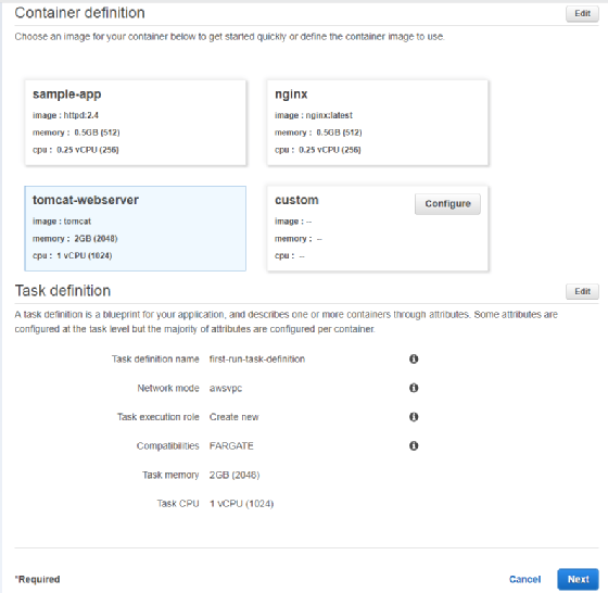 Container definition in AWS Fargate.