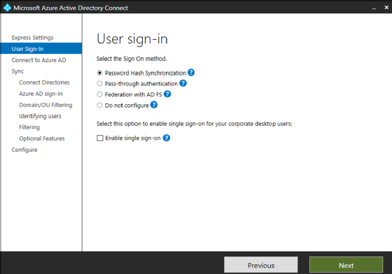 Azure AD Connect wizard