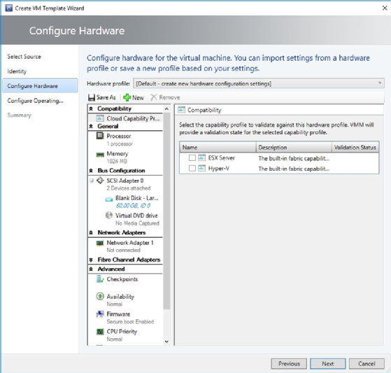 Template hardware settings