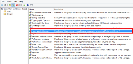 Hyper-V Administrators group option