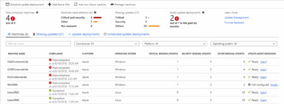 Azure Update Management status screen