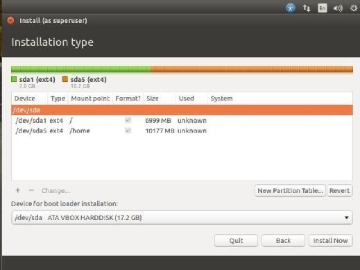 Create the partitions for an Ubuntu scheme.