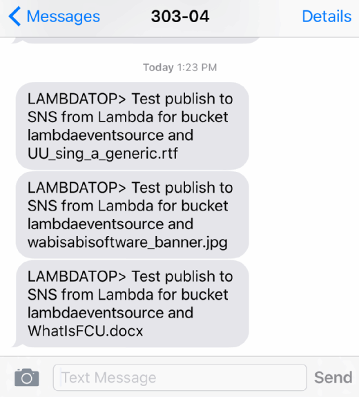  Text messages sent by the AWS Lambda function are displayed.