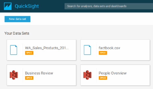 Choose data sets for this Amazon QuickSight tutorial.