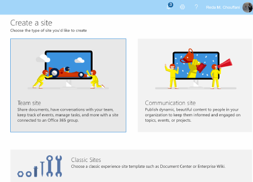 Site options to choose from when creating a new site
