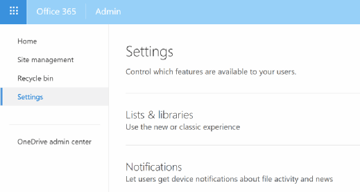 A list of settings for the SharePoint administrator center