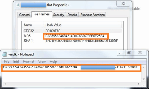 Comparing hashes of a *flat.vmdk file