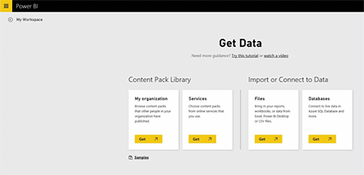 Power BI workspace with Get Data buttons