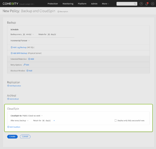 Cohesity CloudSpin screenshot