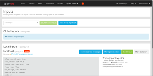 Graylog page for log inputs 