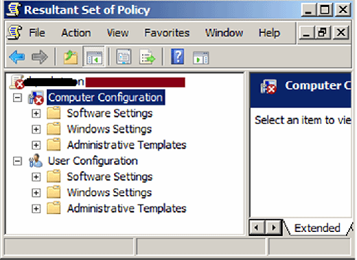The red bar in MMC shows user or computer configuration problems.