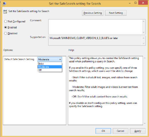 SafeSearch settings for Search